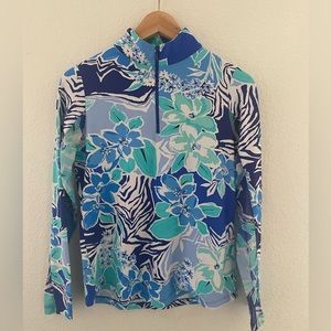 IBKUL stretchy long sleeve golf top with net sleeves SPF 50 blue floral 1/4 zip
